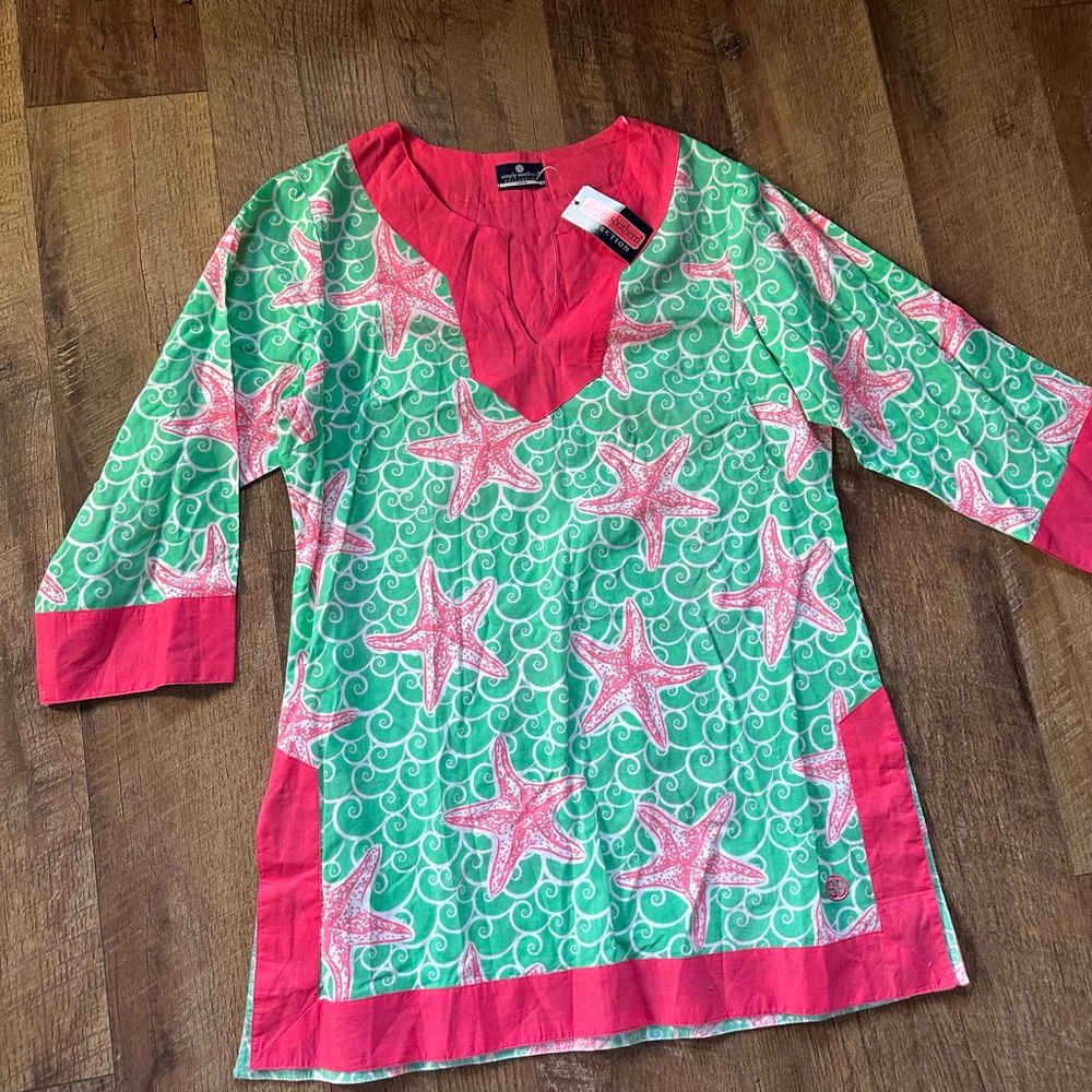Women's Simply Southern Coverup L Green Pink Starfish